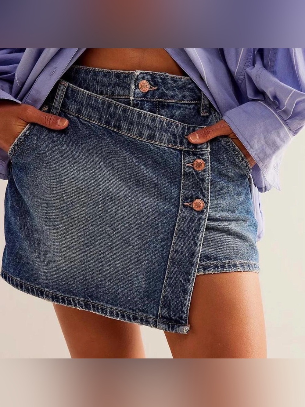 Free People Denim Asymmetrical Button Mini Skirt - Blue